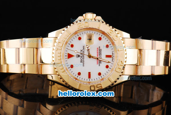 Rolex Yachtmaster Oyster Papetual Chronometer Automatic with White Dial and Full Gold Bezel,Case and Stap-Red Round Marking-Small Calendar - Click Image to Close